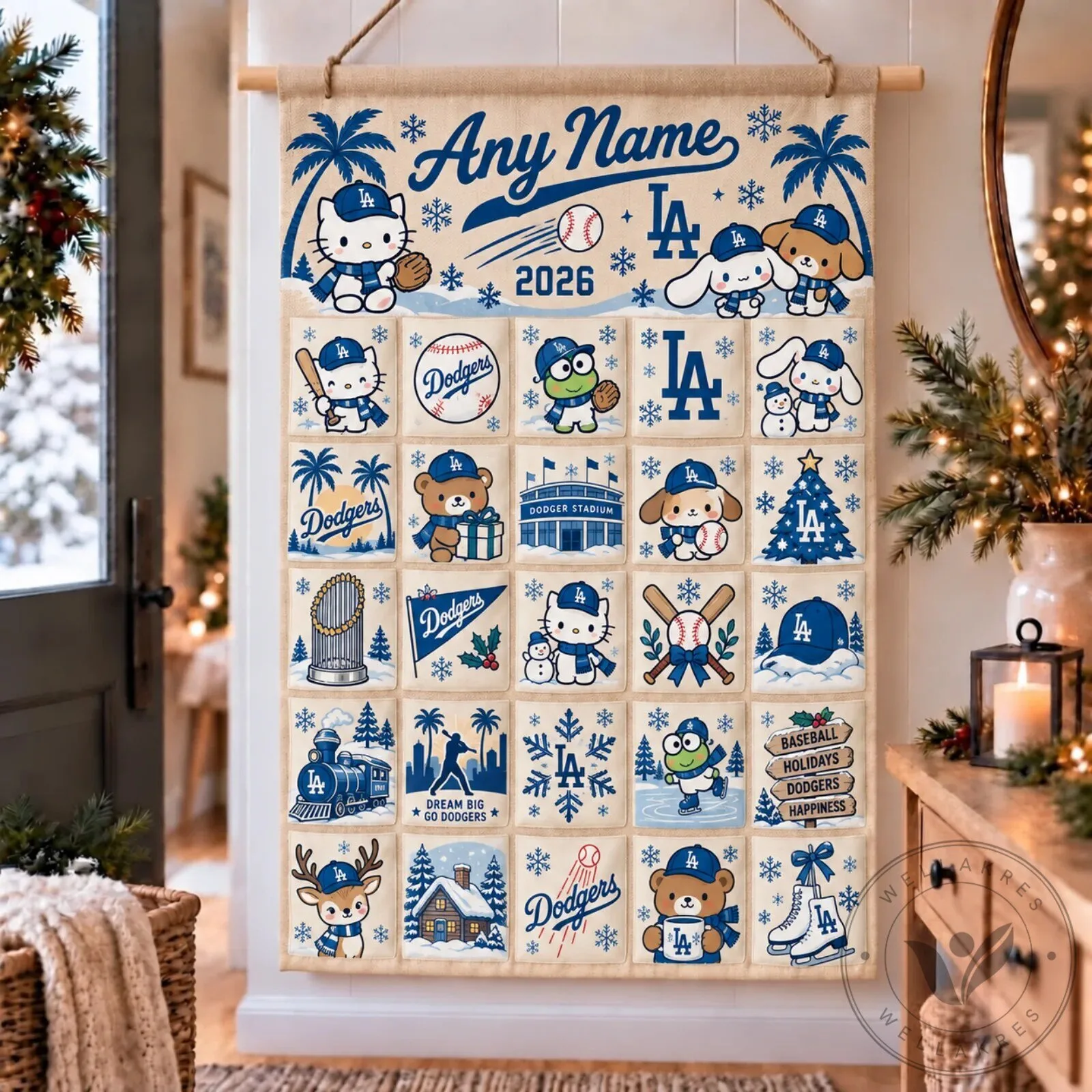 Christmas Advent Calendar Wall Hanging featuring Hello Kitty and the Los Angeles Dodgers