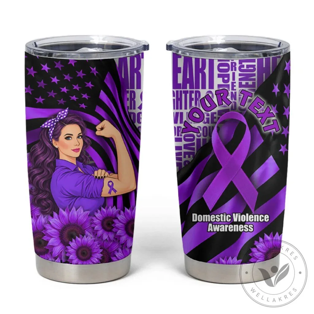 Domestic Violence Awareness Purple Ribbon Sunflower Rosie the Riveter Tumbler