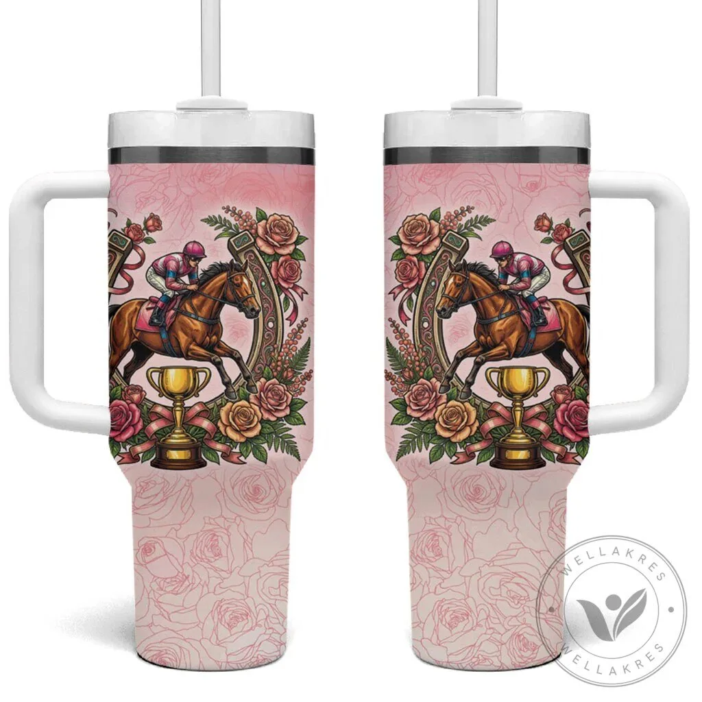 Melbourne Horse Racing Jockey Floral Horseshoe Pink Rose Tumbler with Handle