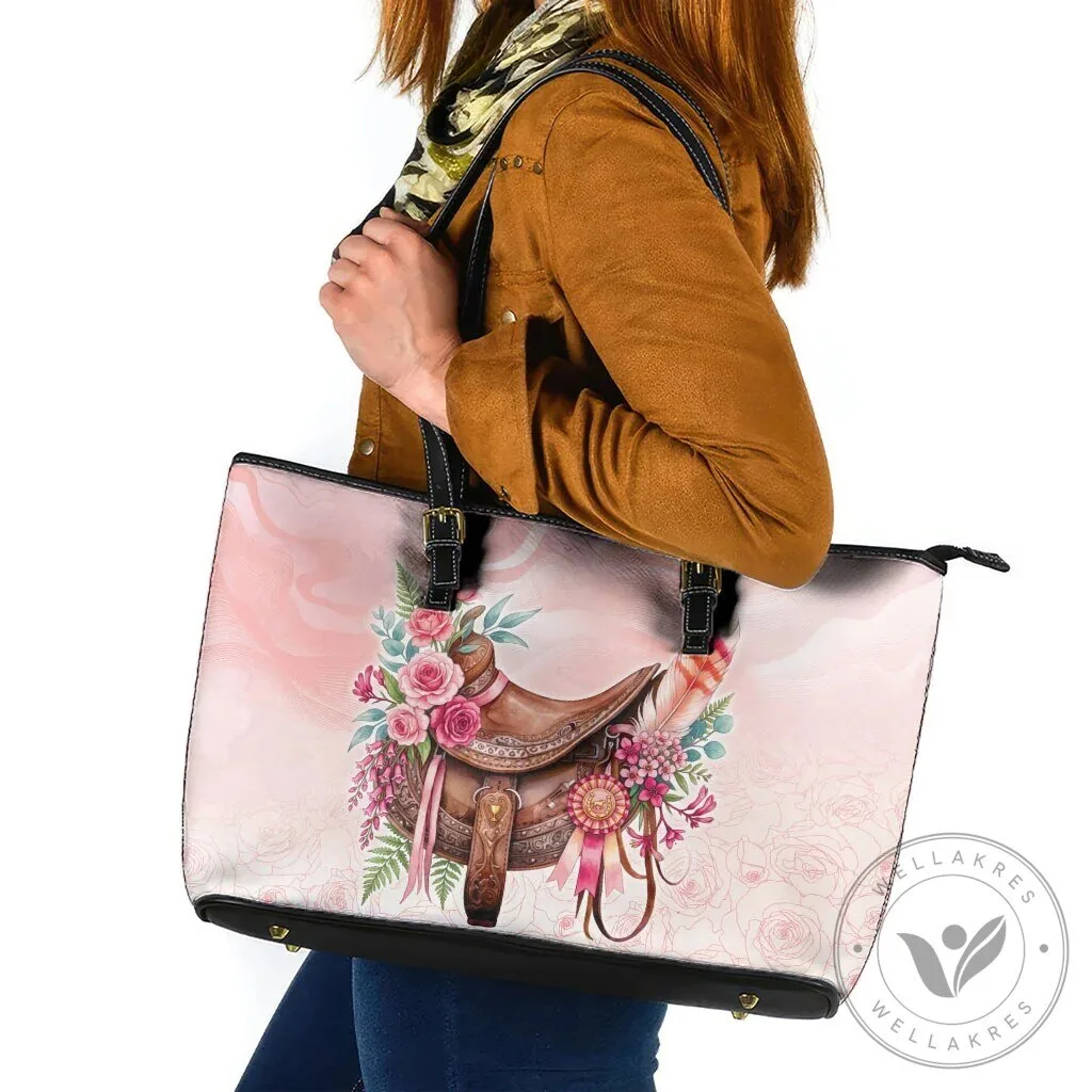 Elegant Horse Saddle Floral Pink Rose Waxflower Flowers Leather Tote Bag