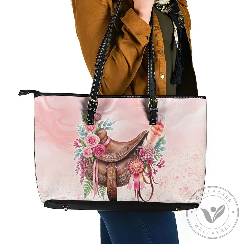 Elegant Horse Saddle Floral Pink Rose Waxflower Flowers Leather Tote Bag 11 Elegant Horse Saddle Floral Pink Rose Waxflower Flowers Leather Tote Bag