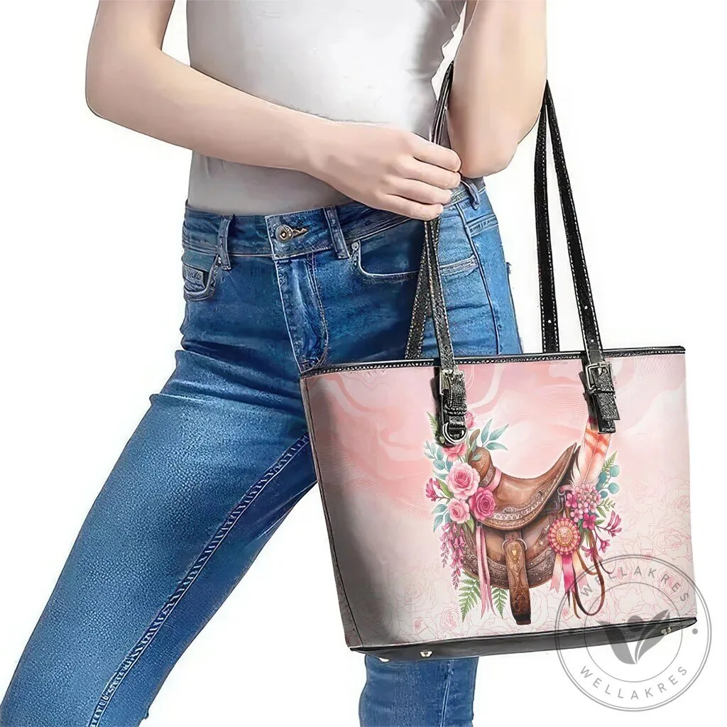 Elegant Horse Saddle Floral Pink Rose Waxflower Flowers Leather Tote Bag 14 Elegant Horse Saddle Floral Pink Rose Waxflower Flowers Leather Tote Bag