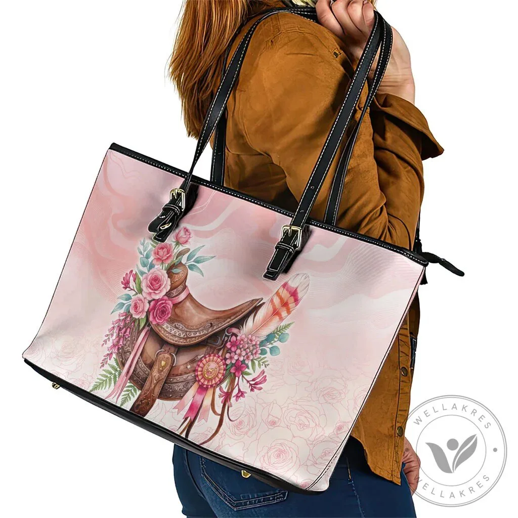 Elegant Horse Saddle Floral Pink Rose Waxflower Flowers Leather Tote Bag 15 Elegant Horse Saddle Floral Pink Rose Waxflower Flowers Leather Tote Bag