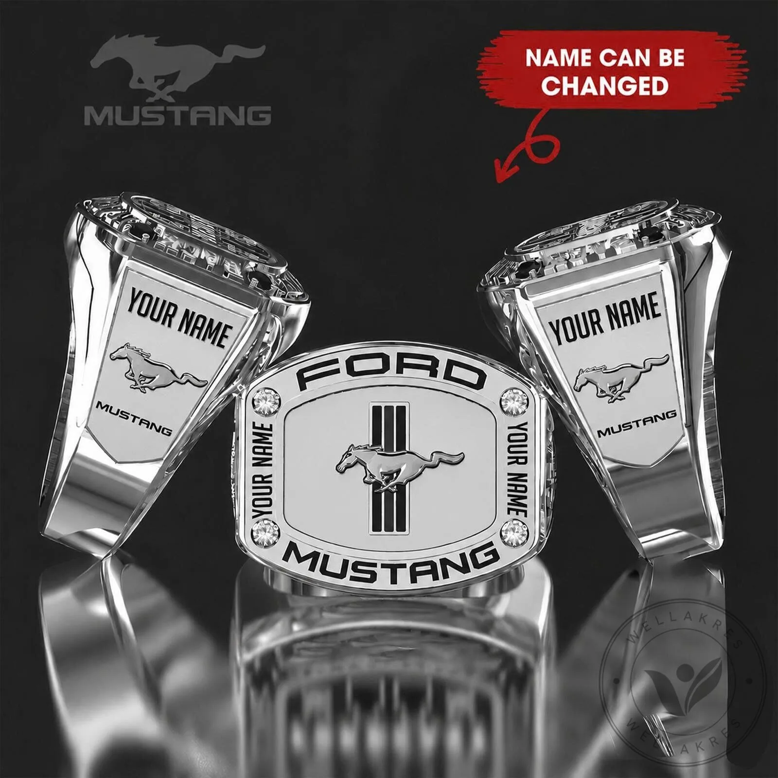 Ford Mustang Personalized Sterling Silver Crystal Signet Ring for Men