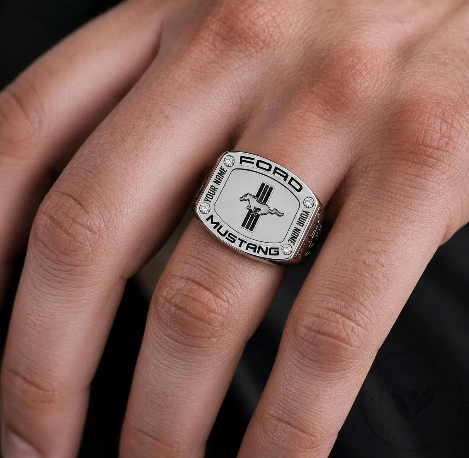 Ford Mustang Personalized Sterling Silver Crystal Signet Ring for Men 11 Ford Mustang Personalized Sterling Silver Crystal Signet Ring for Men