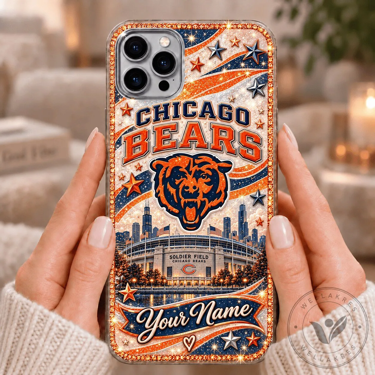 Chicago Bears Soldier Field Custom Name Glitter Phone Case for iPhone