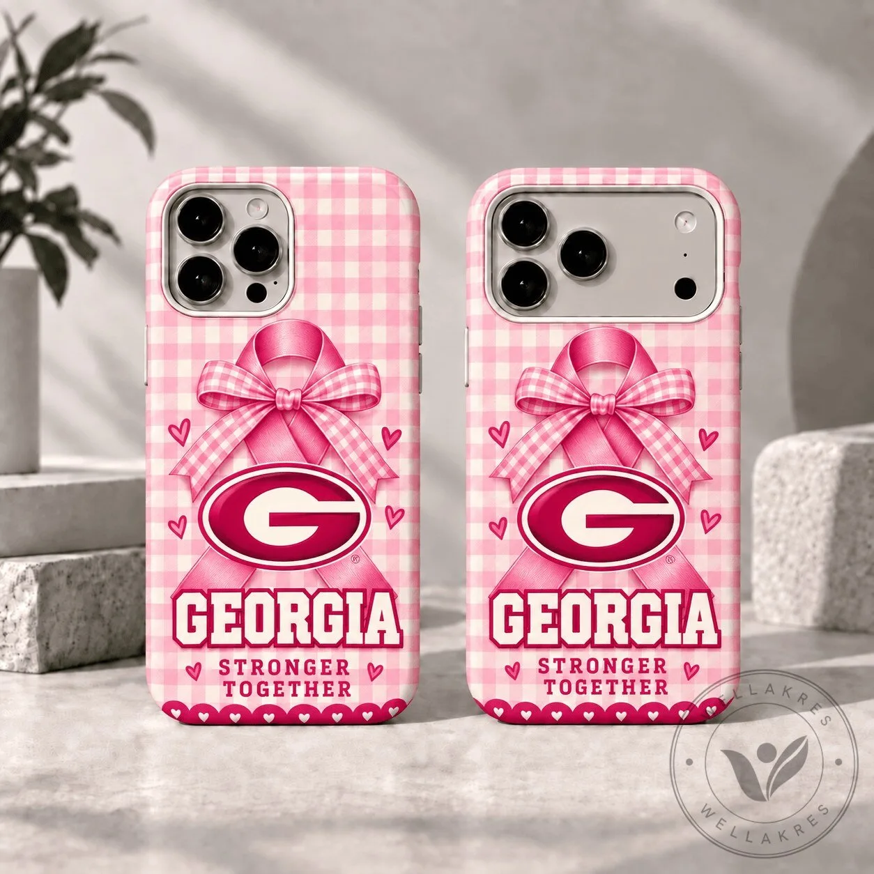 Georgia Bulldogs Breast Cancer Awareness Pink Gingham Stronger Together Phone Case