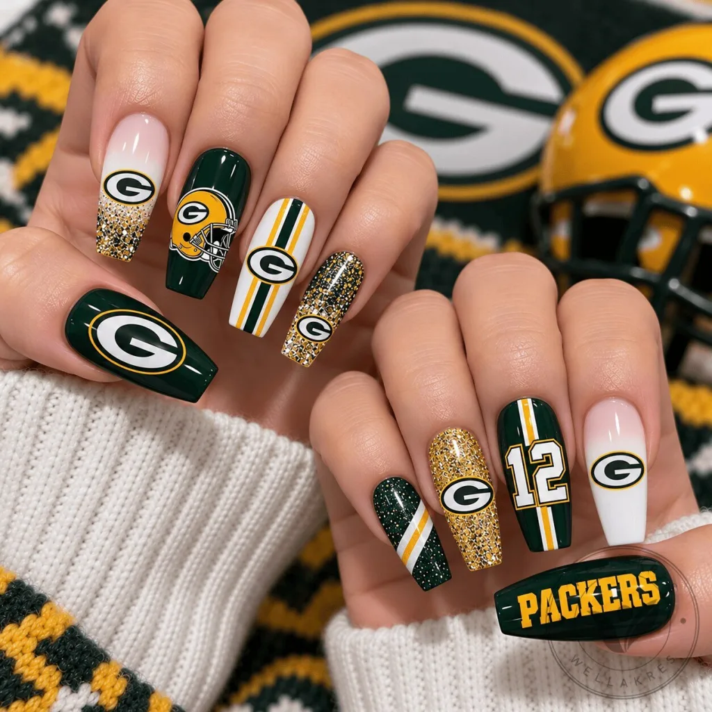 Green Bay Packers NFL Football Team Glitter Press On Nails Set Green Bay Packers NFL Football Team Glitter Press On Nails Set