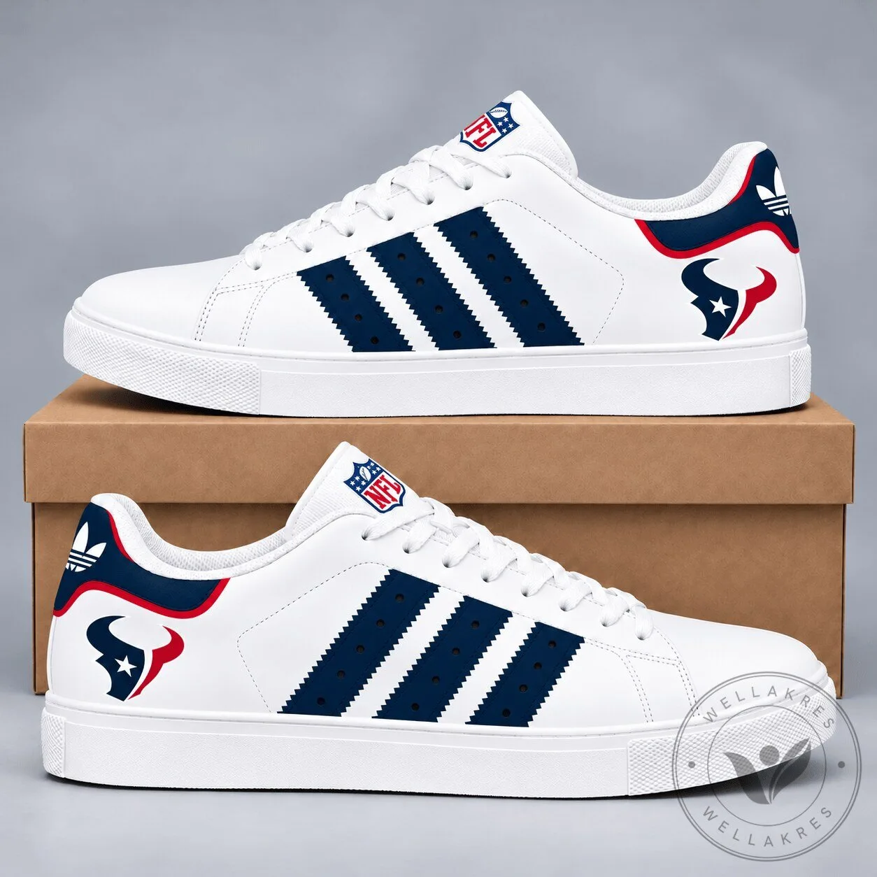 Houston Texans NFL Football Team Logo White Blue Stripes Sneakers Shoes