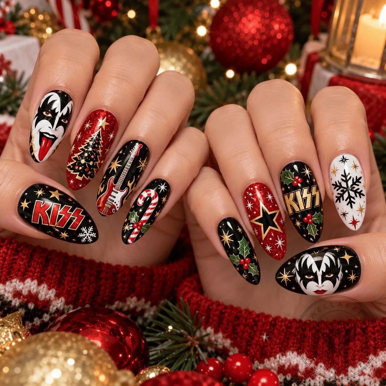 Christmas Themed Press On Nails Set by KISS Band for the Holiday Season