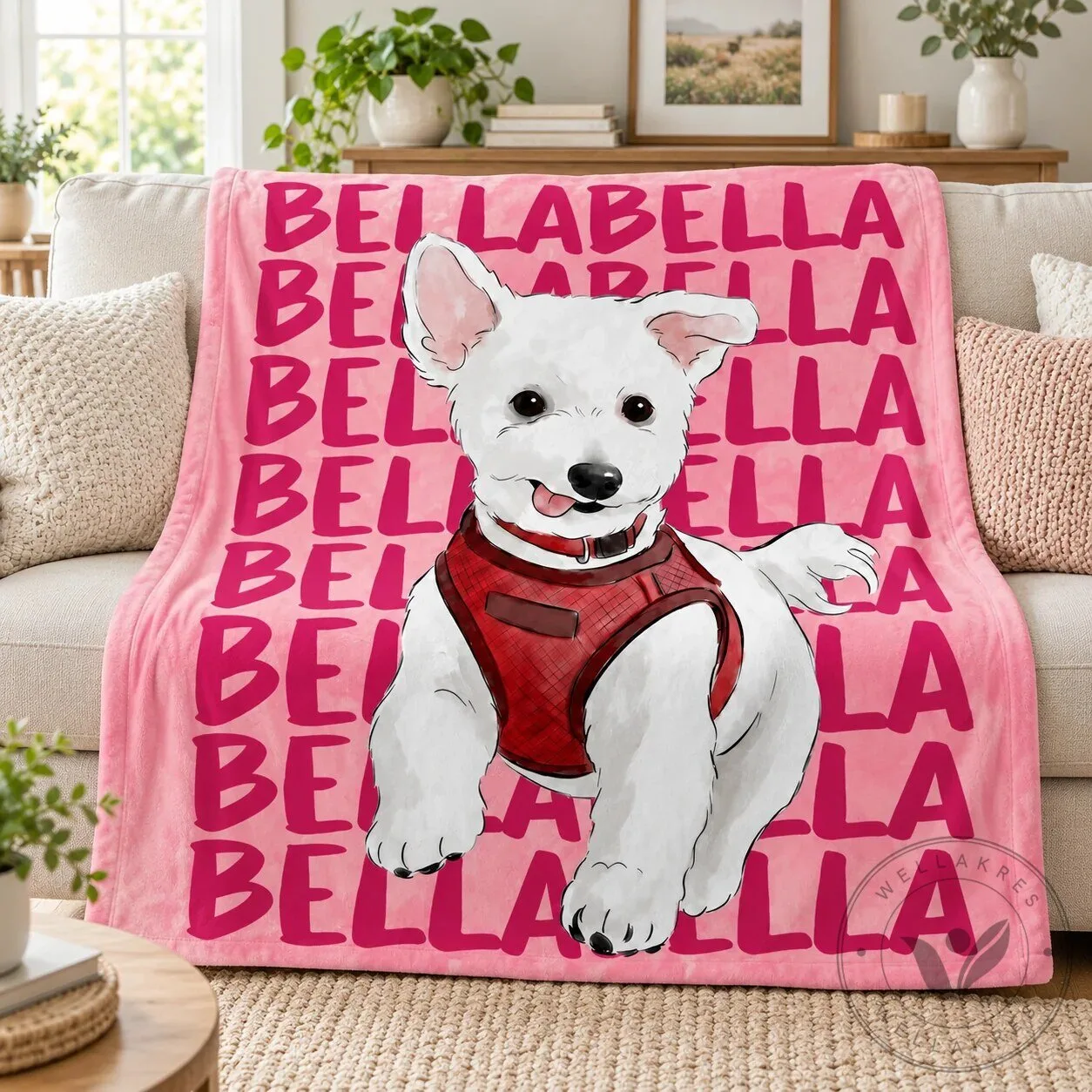 Personalized Pet Portrait Blanket with Custom Dog Name, Watercolor Puppy Throw