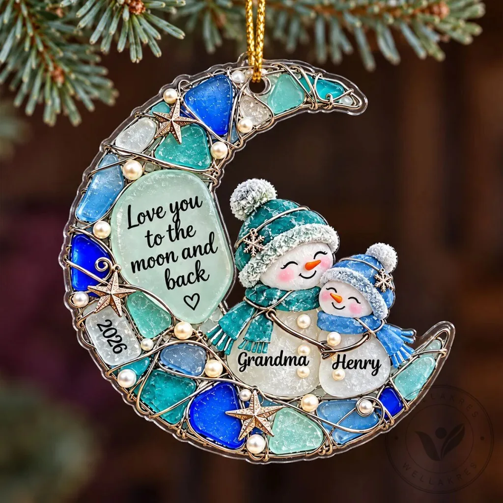 Personalized Grandma and Grandkid Snowman Moon Christmas Tree Ornament Personalized Grandma and Grandkid Snowman Moon Christmas Tree Ornament