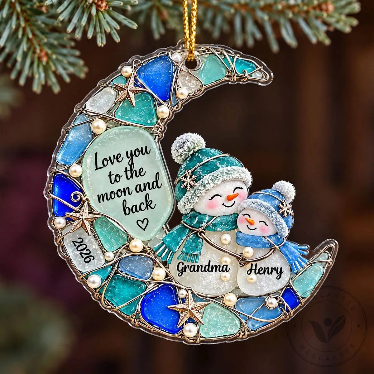 Personalized Grandma and Grandkid Snowman Moon Christmas Tree Ornament 7 Personalized Grandma and Grandkid Snowman Moon Christmas Tree Ornament