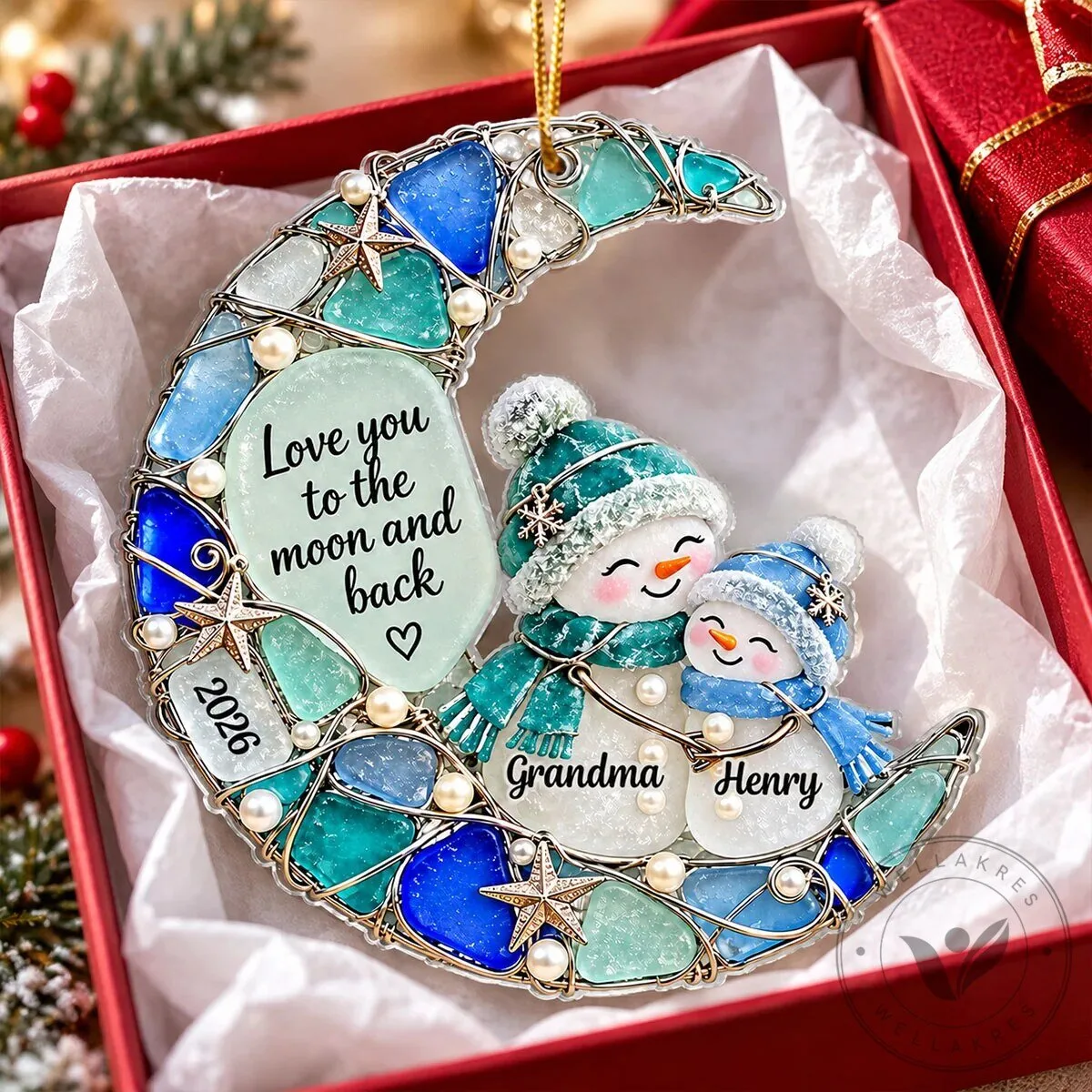 Personalized Grandma and Grandkid Snowman Moon Christmas Tree Ornament 14 Personalized Grandma and Grandkid Snowman Moon Christmas Tree Ornament