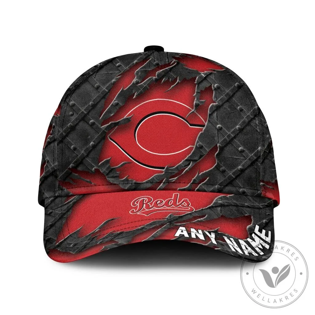 Cincinnati Reds Personalized Name Black Metal Design Baseball Cap Hat