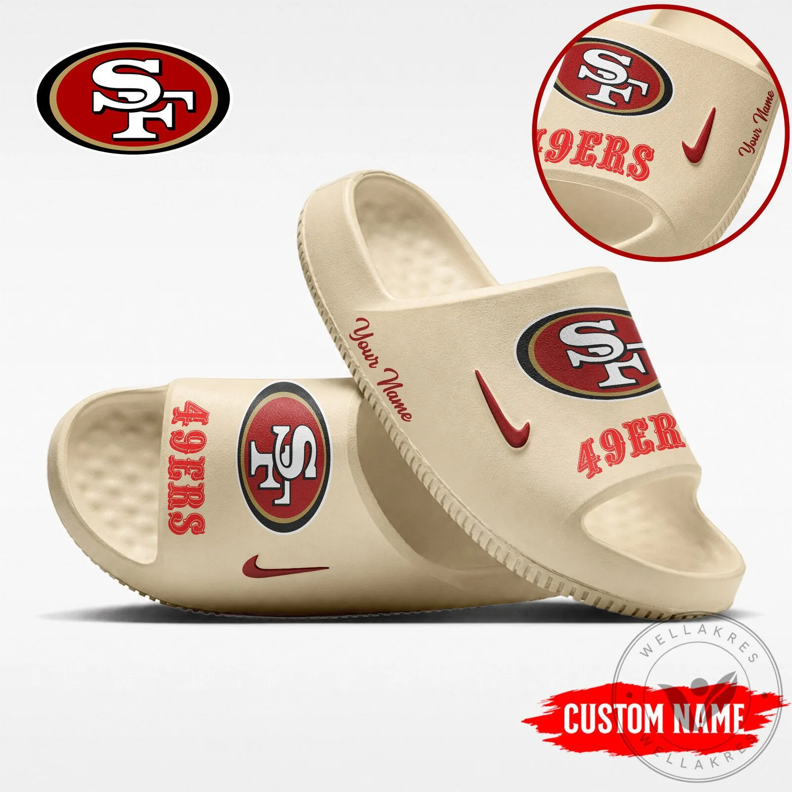 San Francisco 49ers Custom Name NFL Team Logo Beige Slide Sandals