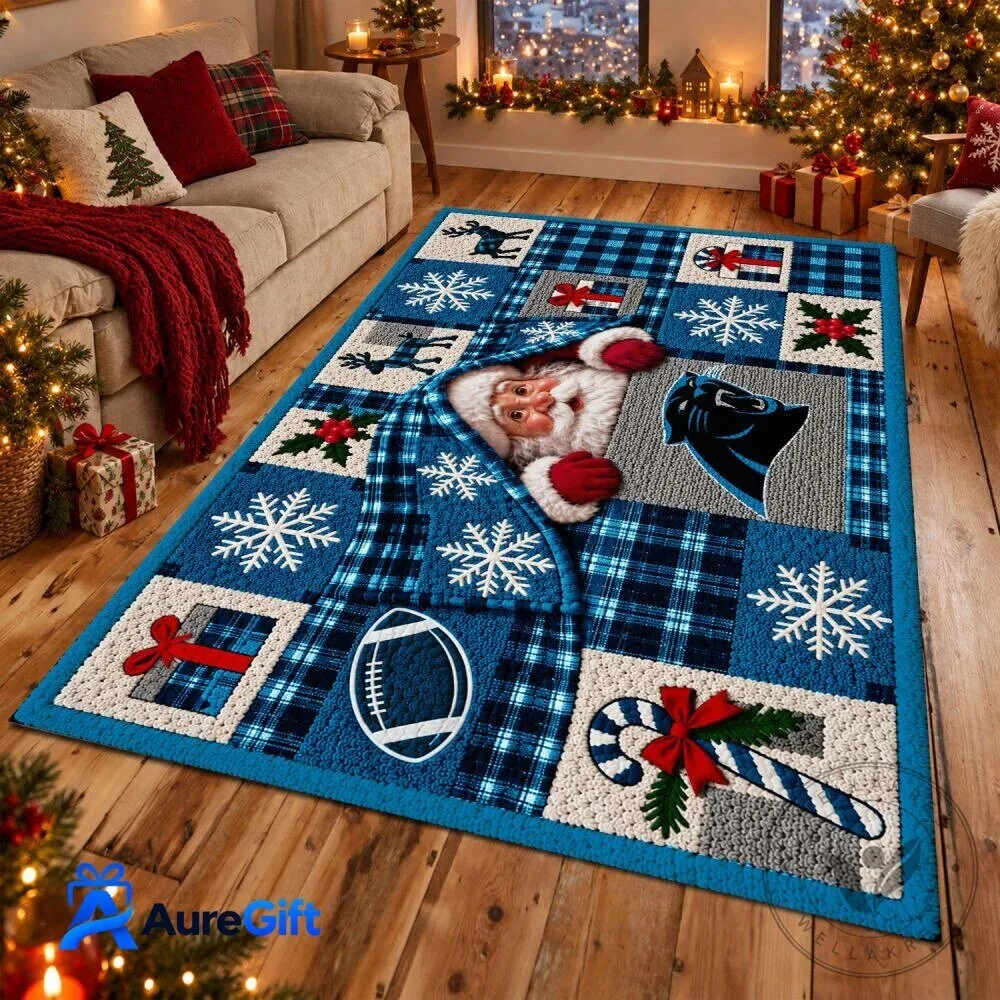 Carolina Panthers Christmas Holiday Santa Claus Snowflakes Football Team Rug