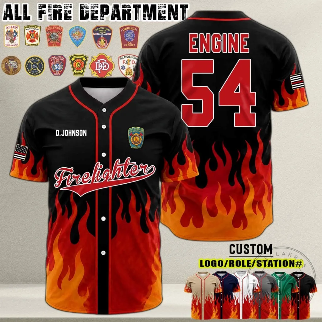 Custom Firefighter Engine Number 54 Black and Orange Flames Baseball Jersey 30 Custom Firefighter Engine Number 54 Black and Orange Flames Baseball Jersey
