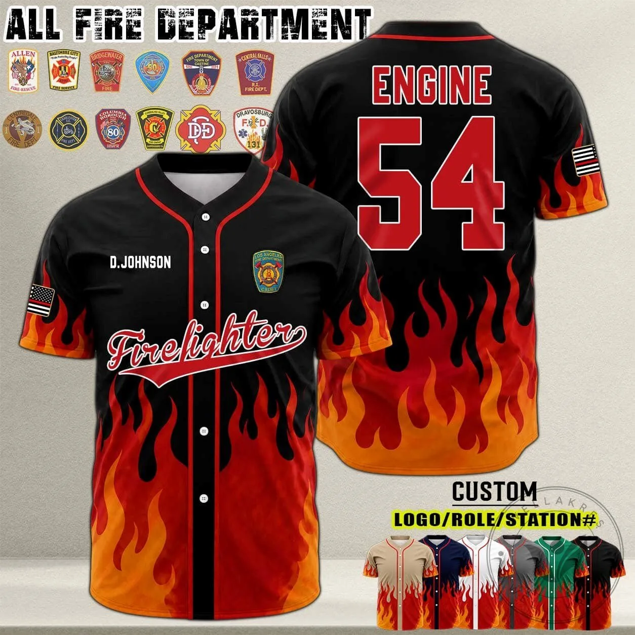 Custom Firefighter Engine Number 54 Black and Orange Flames Baseball Jersey 1 Custom Firefighter Engine Number 54 Black and Orange Flames Baseball Jersey