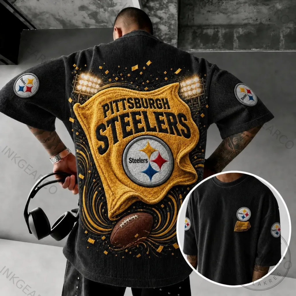 Corduroy Short Sleeve T-Shirt Featuring Pittsburgh Steelers Football Team Logo Corduroy Short Sleeve T-Shirt Featuring Pittsburgh Steelers Football Team Logo