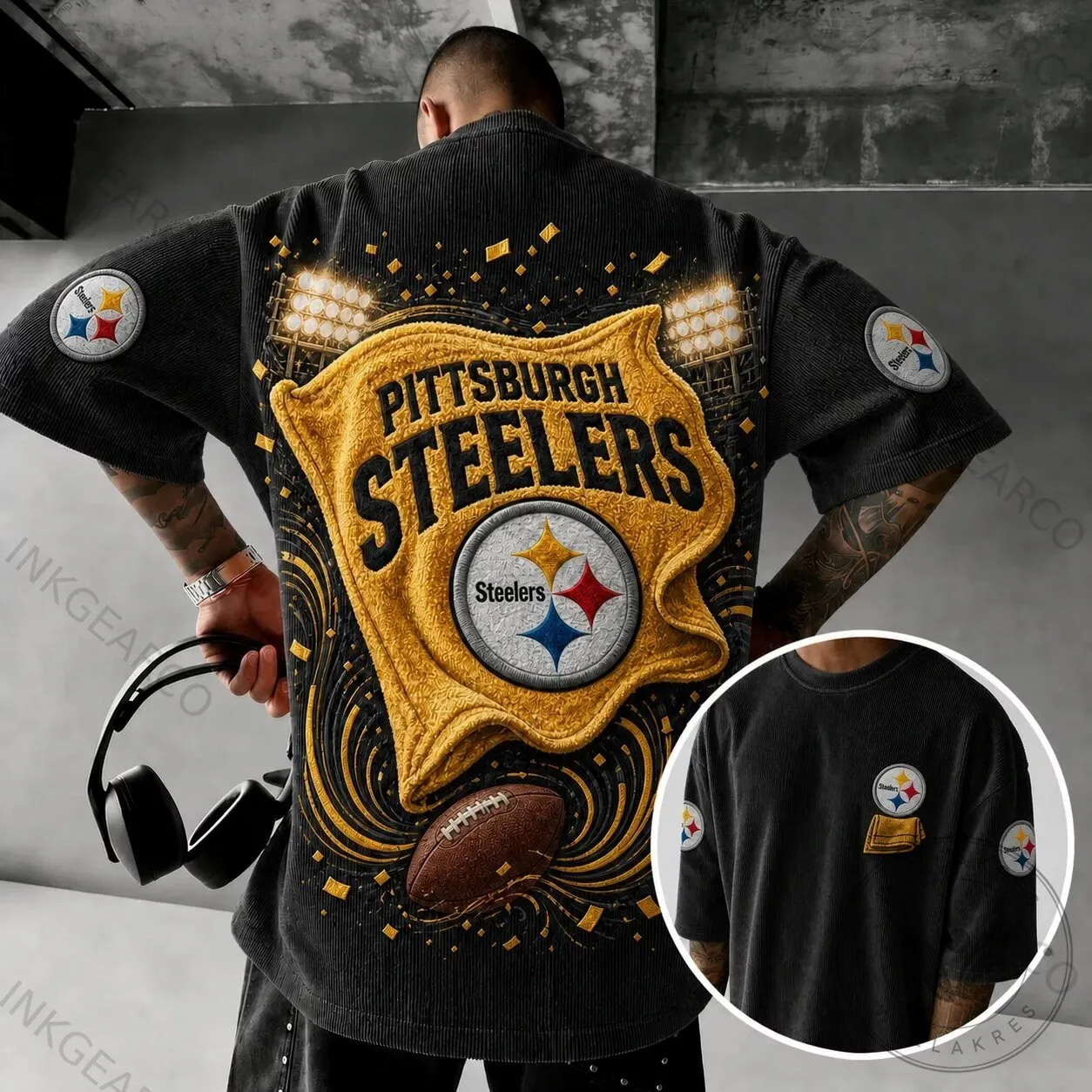 Corduroy Short Sleeve T-Shirt Featuring Pittsburgh Steelers Football Team Logo