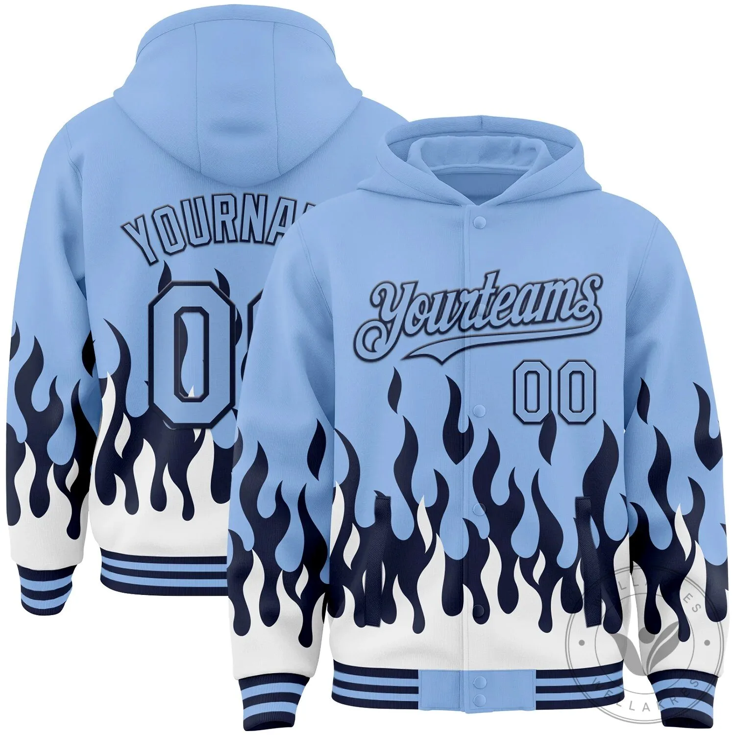 Custom Light Blue Navy White Fire Flame Bomber Full-Snap Varsity Letterman Hoodie Jacket