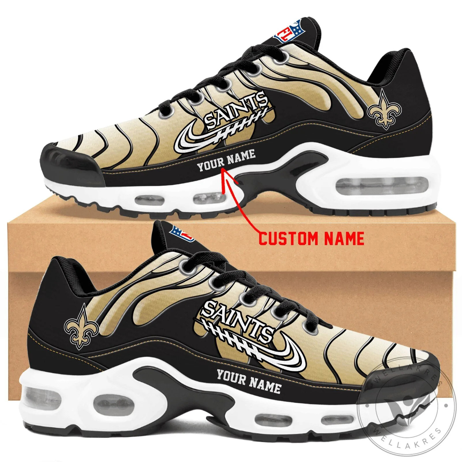 New Orleans Saints Personalized Gold Black Athletic Sneakers Running Shoes