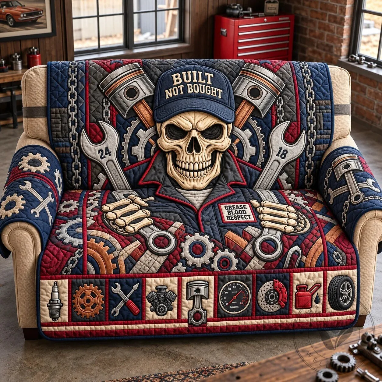 Built Not Bought Mechanic Skull Quilted Sofa Cover Furniture Protector
