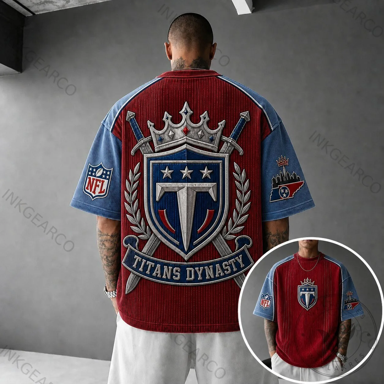 Tennessee Titans NFL Football Dynasty Shield Red and Blue Short Sleeve T-Shirt 1 Tennessee Titans NFL Football Dynasty Shield Red and Blue Short Sleeve T-Shirt