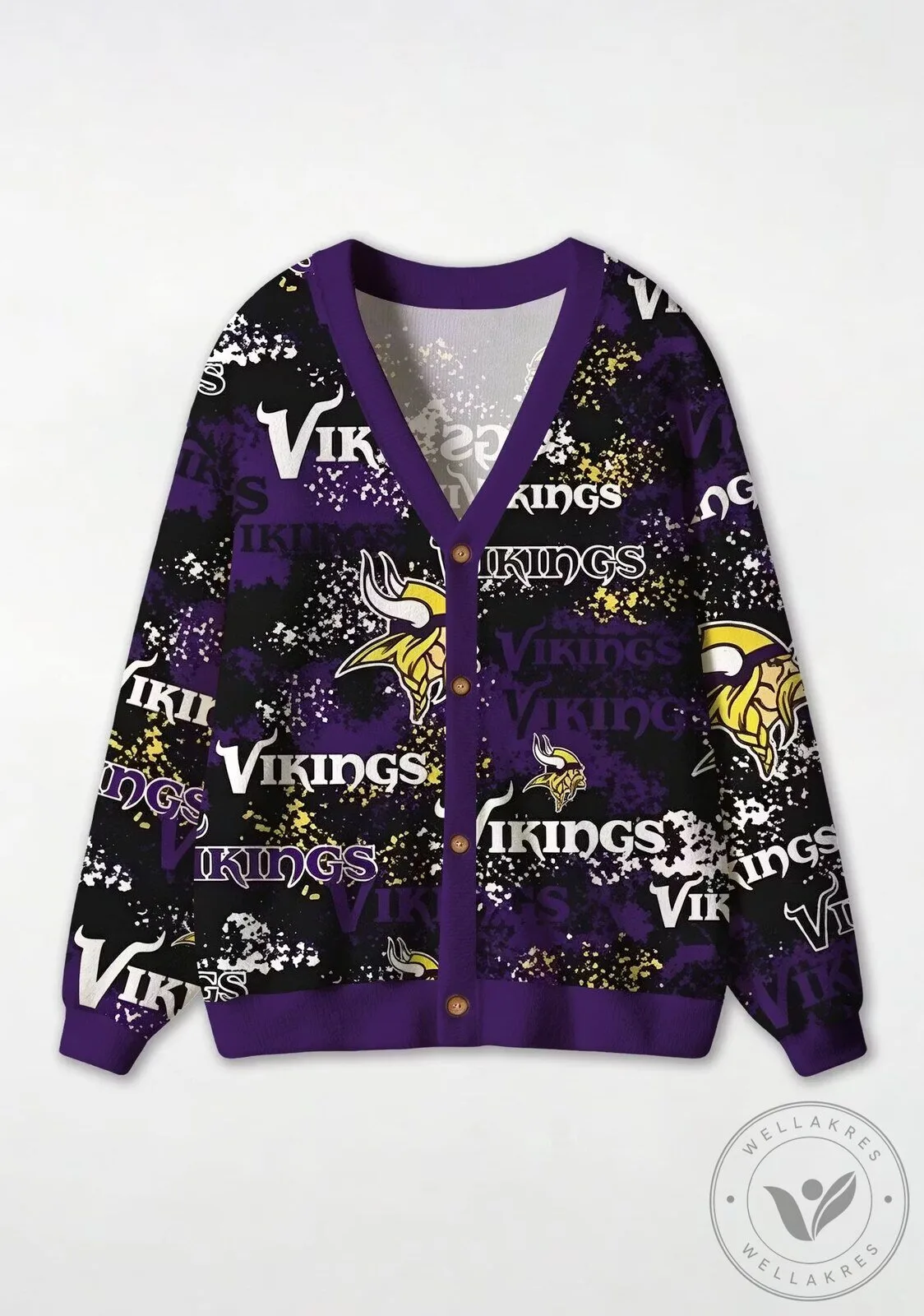 Minnesota Vikings Football Team Purple Black Graphic Print Cardigan Sweater