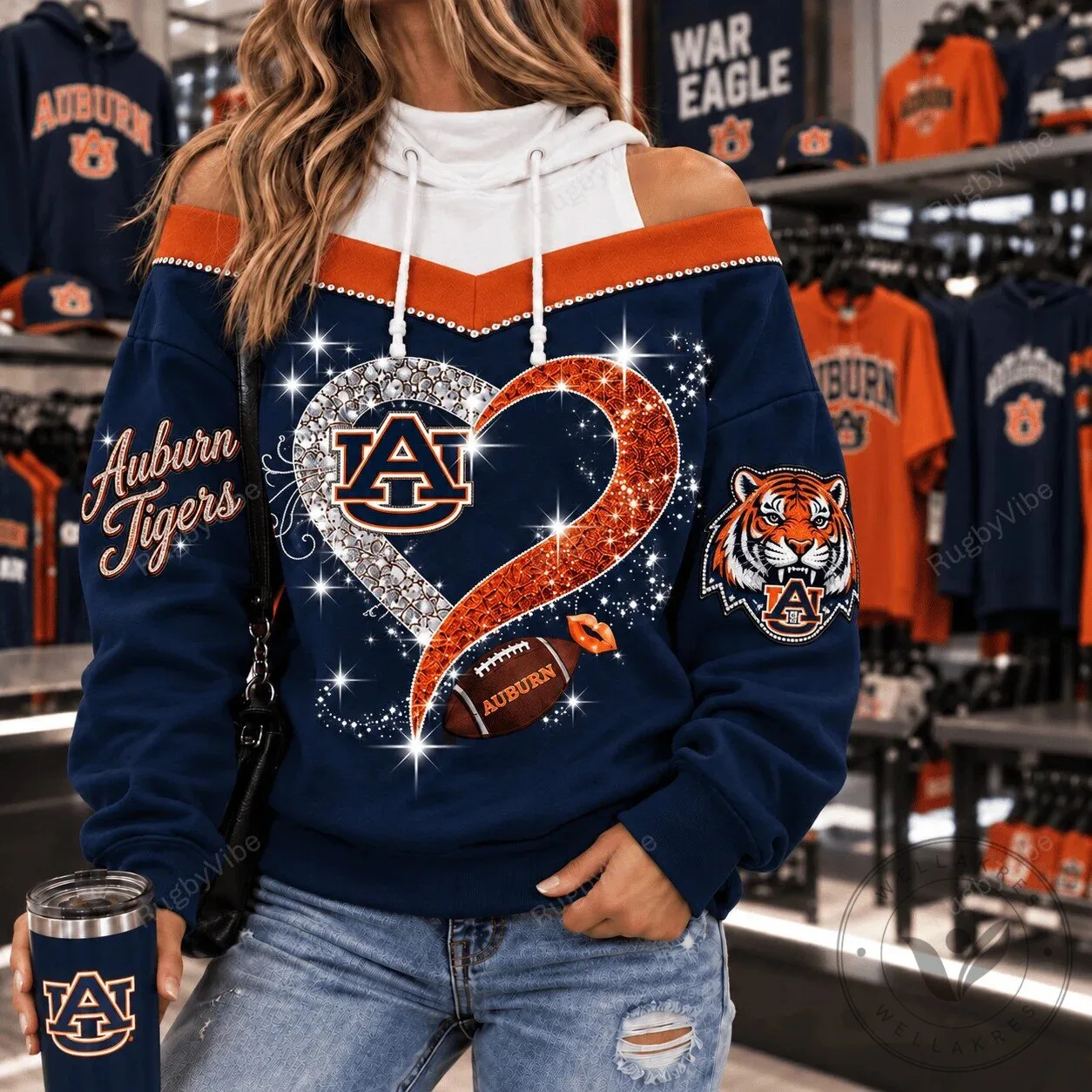 Auburn Tigers Glitter Heart Football College Sports Fan Hoodie