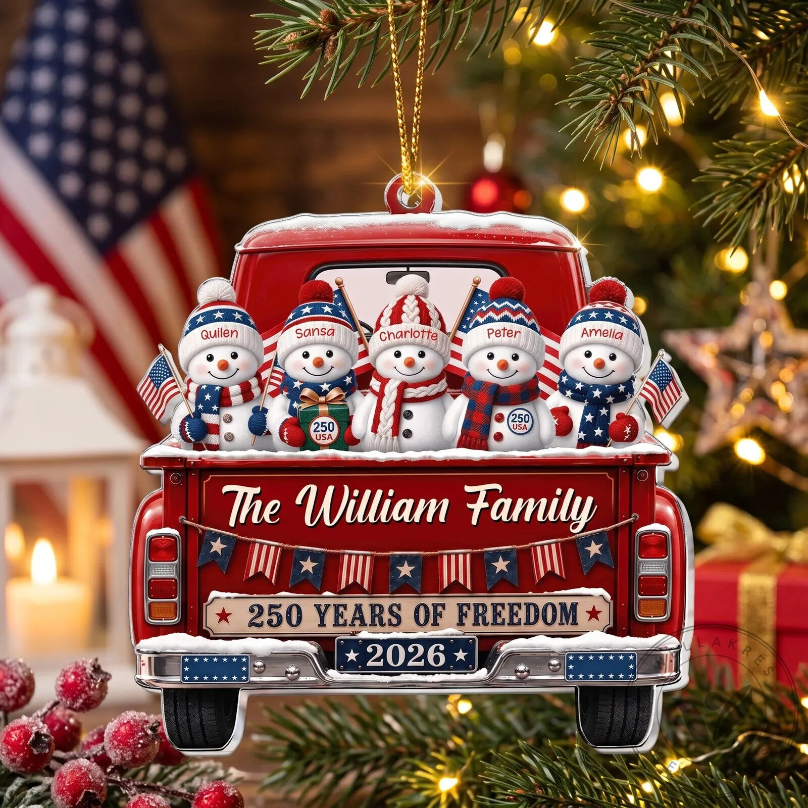 Personalized Snowman Family 250 Years of Freedom Christmas Tree Ornament