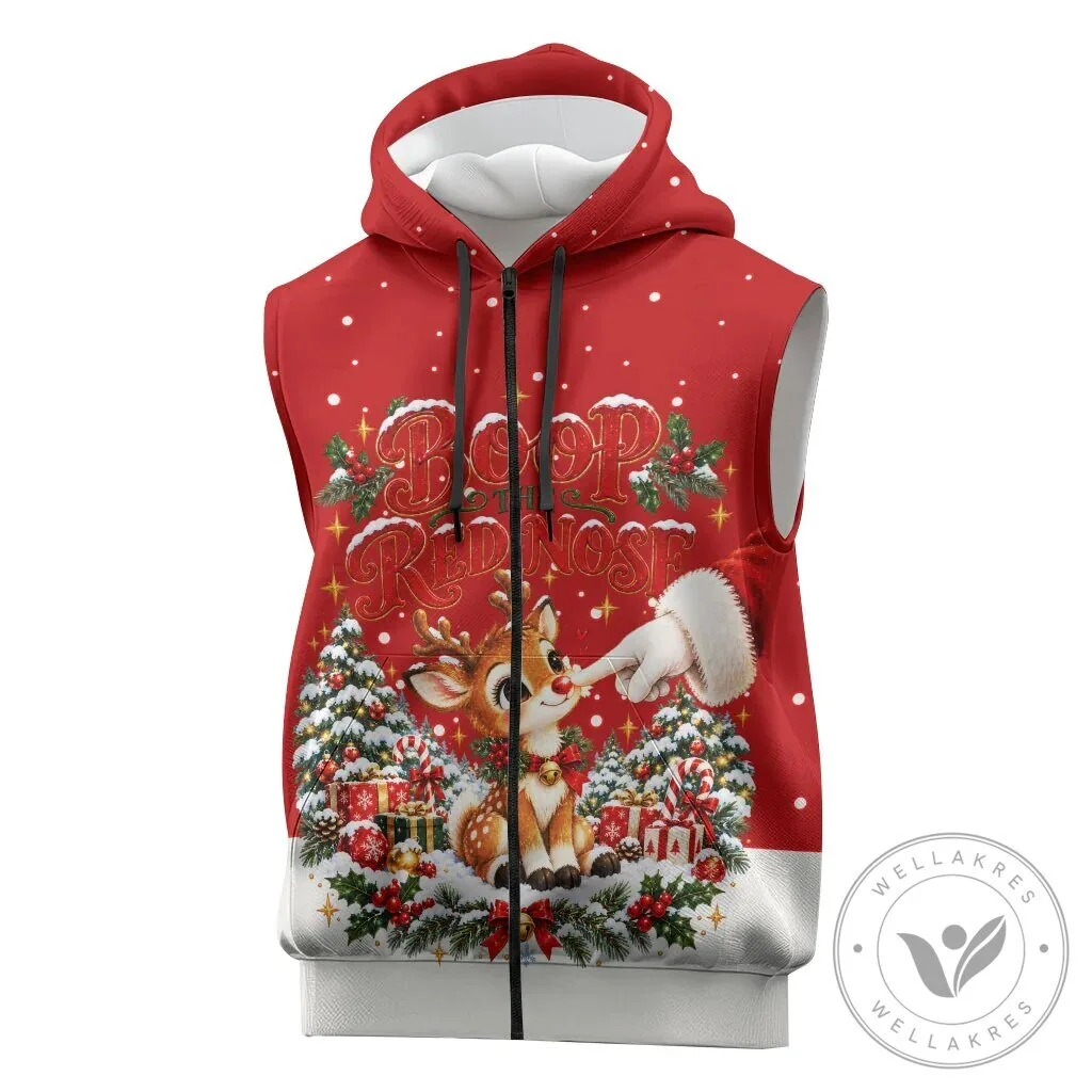 Cute Reindeer Boop Red Nose Christmas Sleeveless Zip Up Hoodie