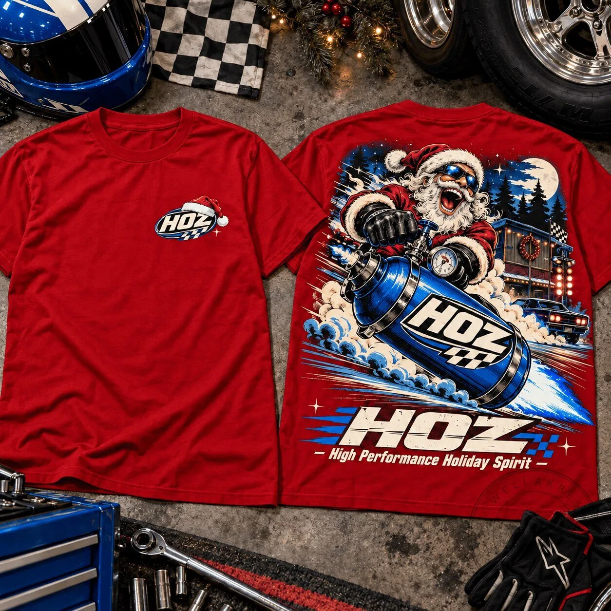 HOZ High Performance Holiday Spirit Christmas Racing Santa Claus T-Shirt