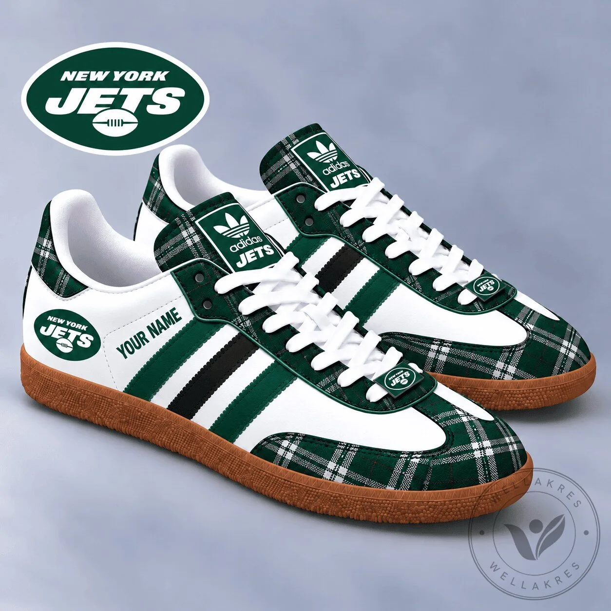 New York Jets Plaid Pattern Custom Name White and Green Samba Shoes 1 New York Jets Plaid Pattern Custom Name White and Green Samba Shoes