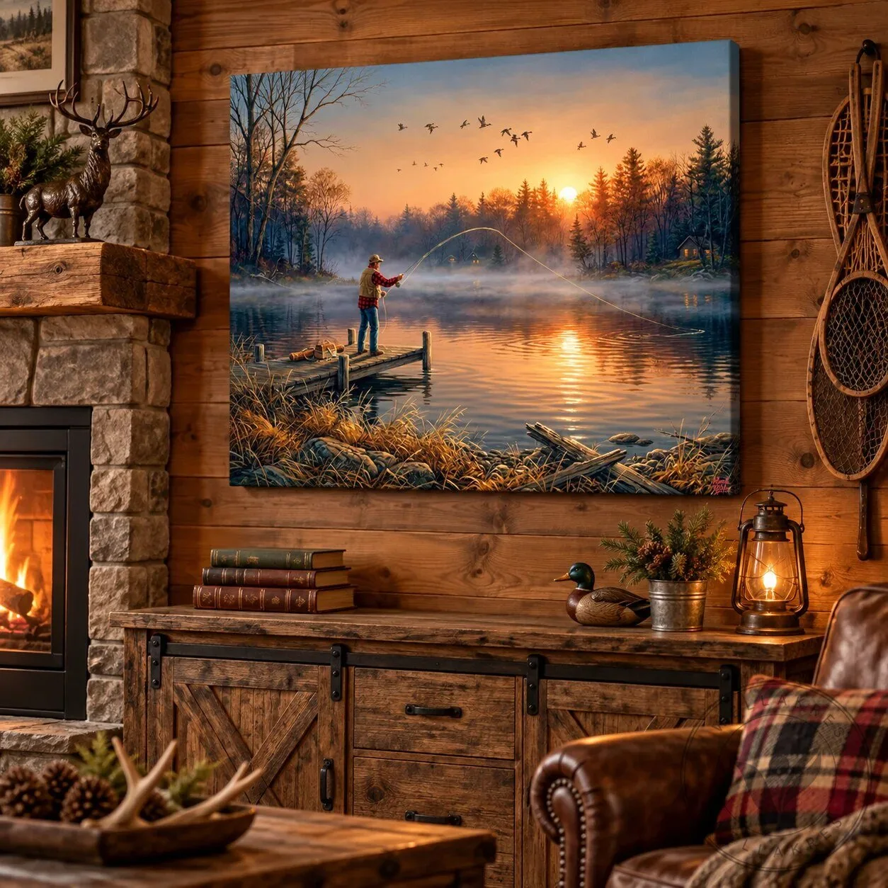 Rustic Fishing Sunset Lake Landscape Wall Art Canvas Print