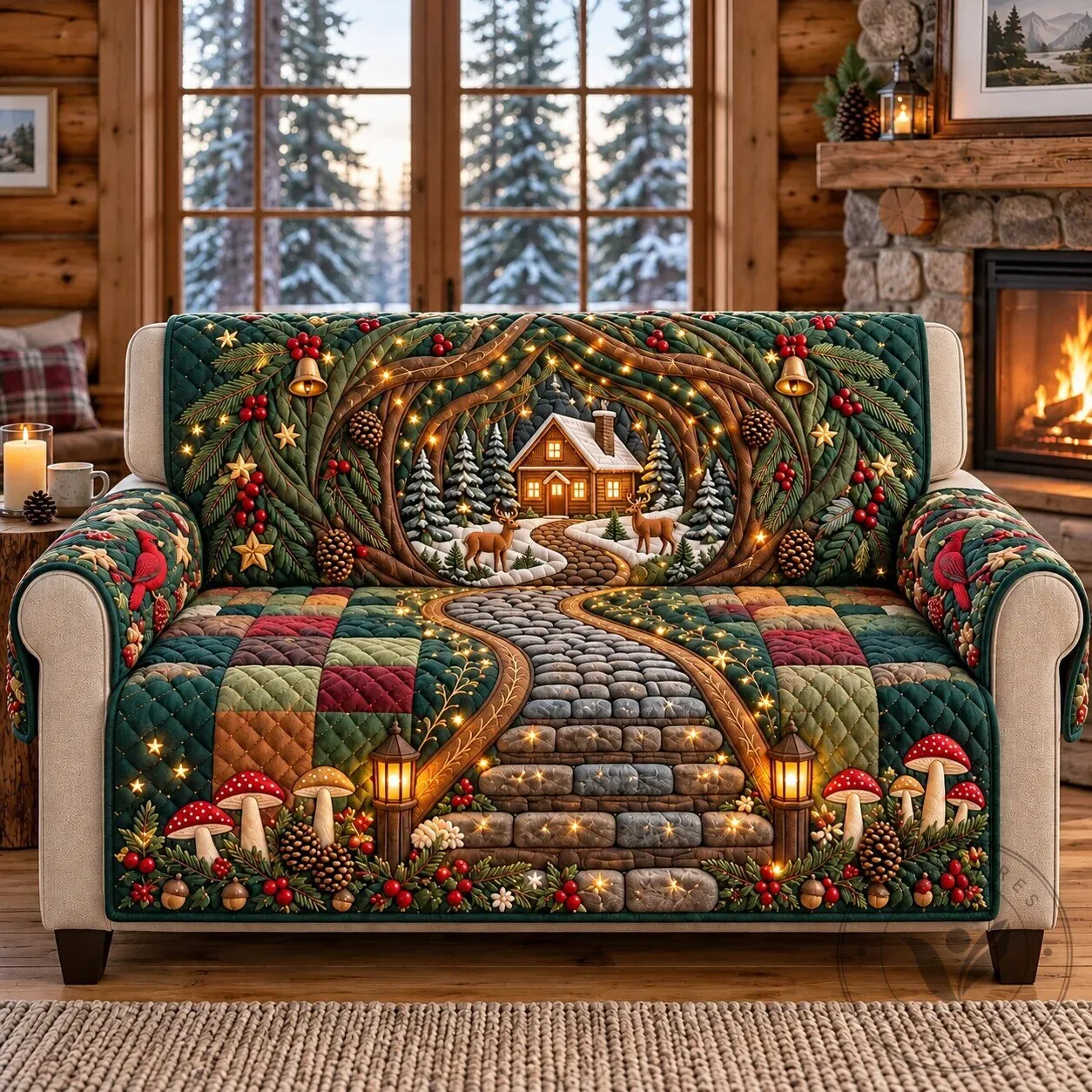 Enchanted Evergreen Tunnel Christmas Cabin Quilted Sofa Cover