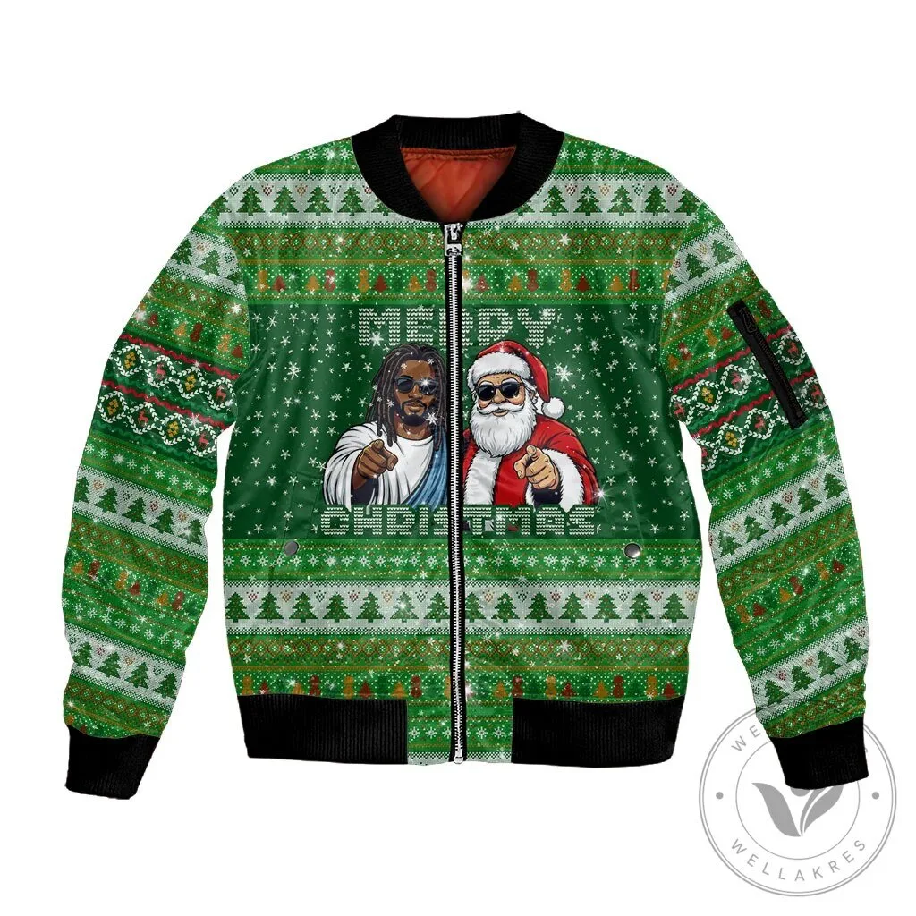 Black Jesus and Santa Claus Merry Christmas Ugly Sweater Style Bomber Jacket