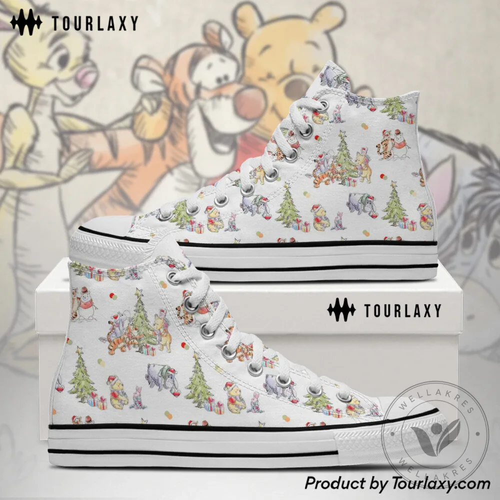 Winnie The Pooh Christmas Tree Pattern White High Top Canvas Shoes 2 Winnie The Pooh Christmas Tree Pattern White High Top Canvas Shoes