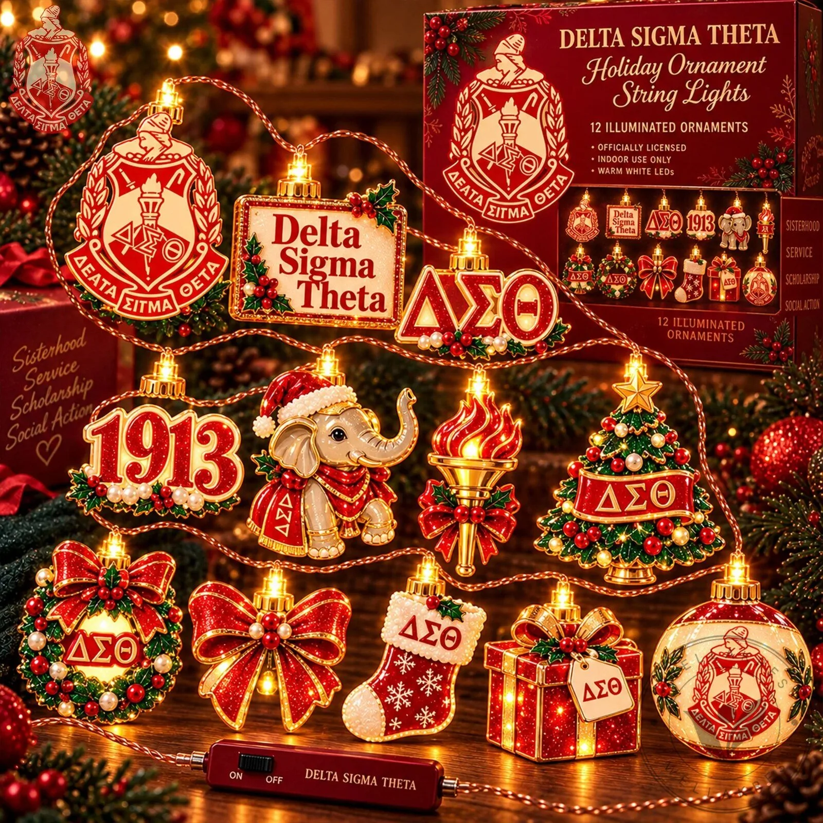 Delta Sigma Theta Sorority Christmas Ornament String Lights Festive Holiday Decor