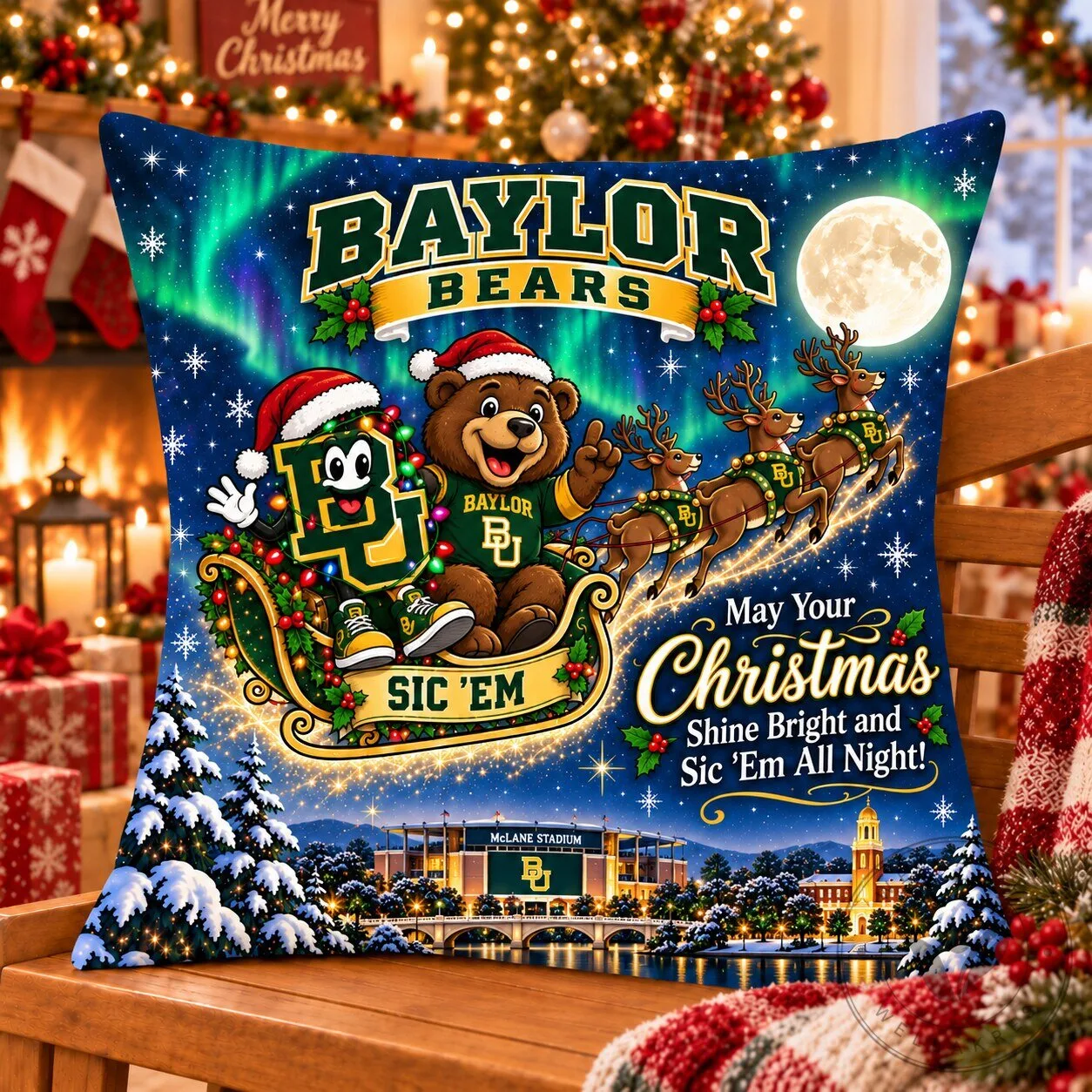 Baylor Bears Magical Christmas Night Flight Decorative Throw Pillow