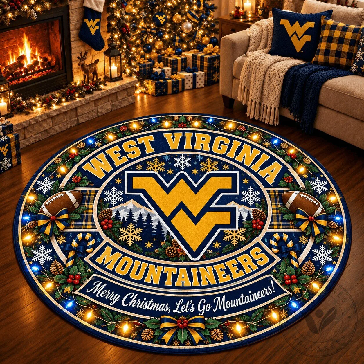 West Virginia Mountaineers Christmas Round Rug - Merry Christmas Gift for Fans