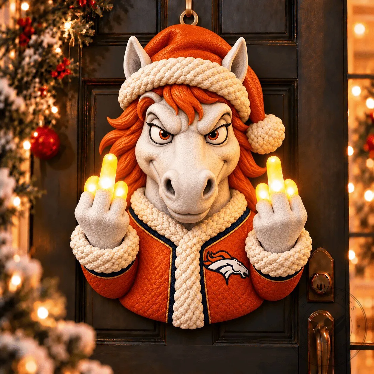 Denver Broncos Christmas Horse Giving Middle Finger Holiday Door Light