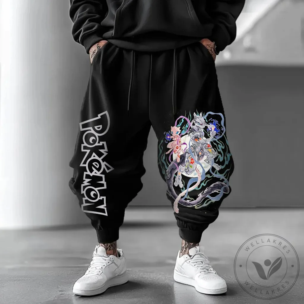 Pokemon Mewtwo Mew Anime Graphic Print Black Jogger Pants 1 Pokemon Mewtwo Mew Anime Graphic Print Black Jogger Pants