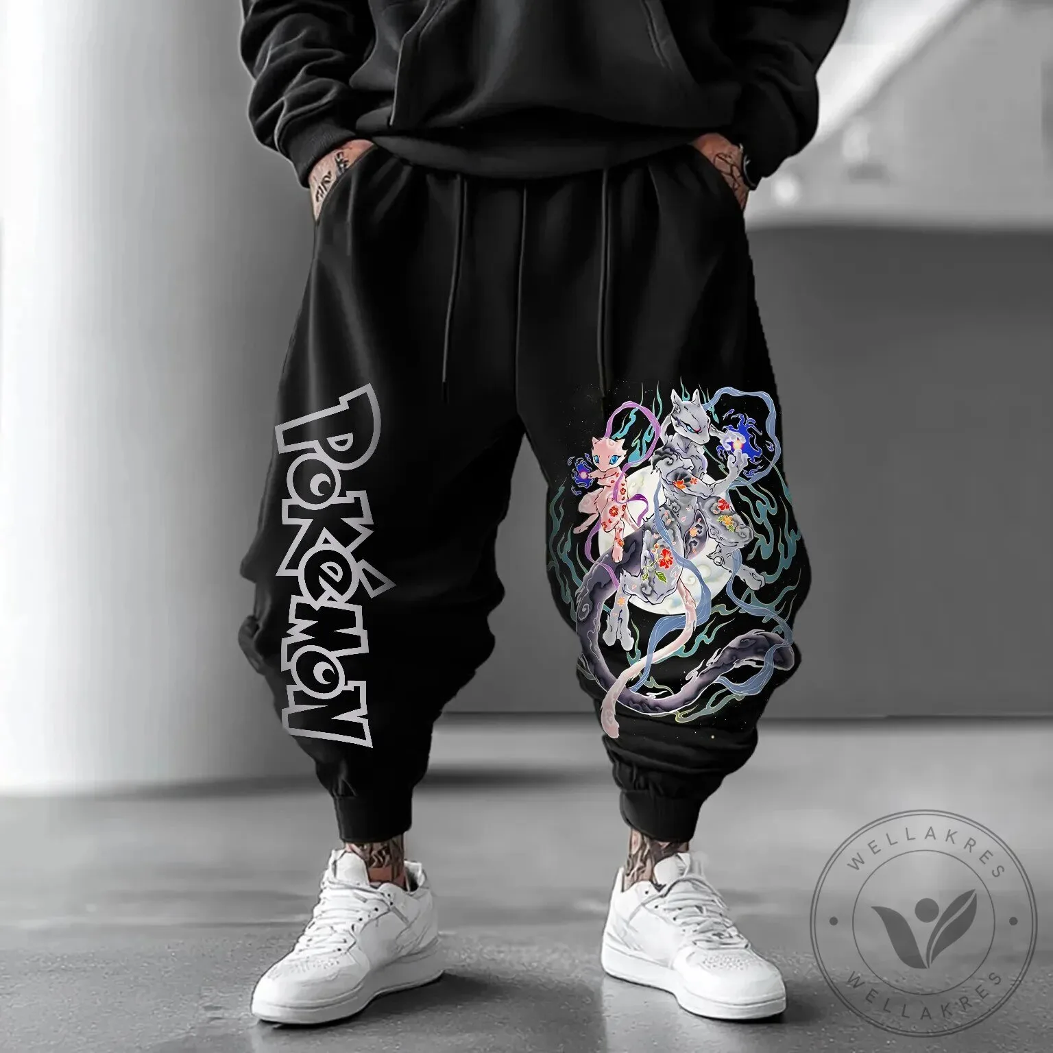Pokemon Mewtwo Mew Anime Graphic Print Black Jogger Pants