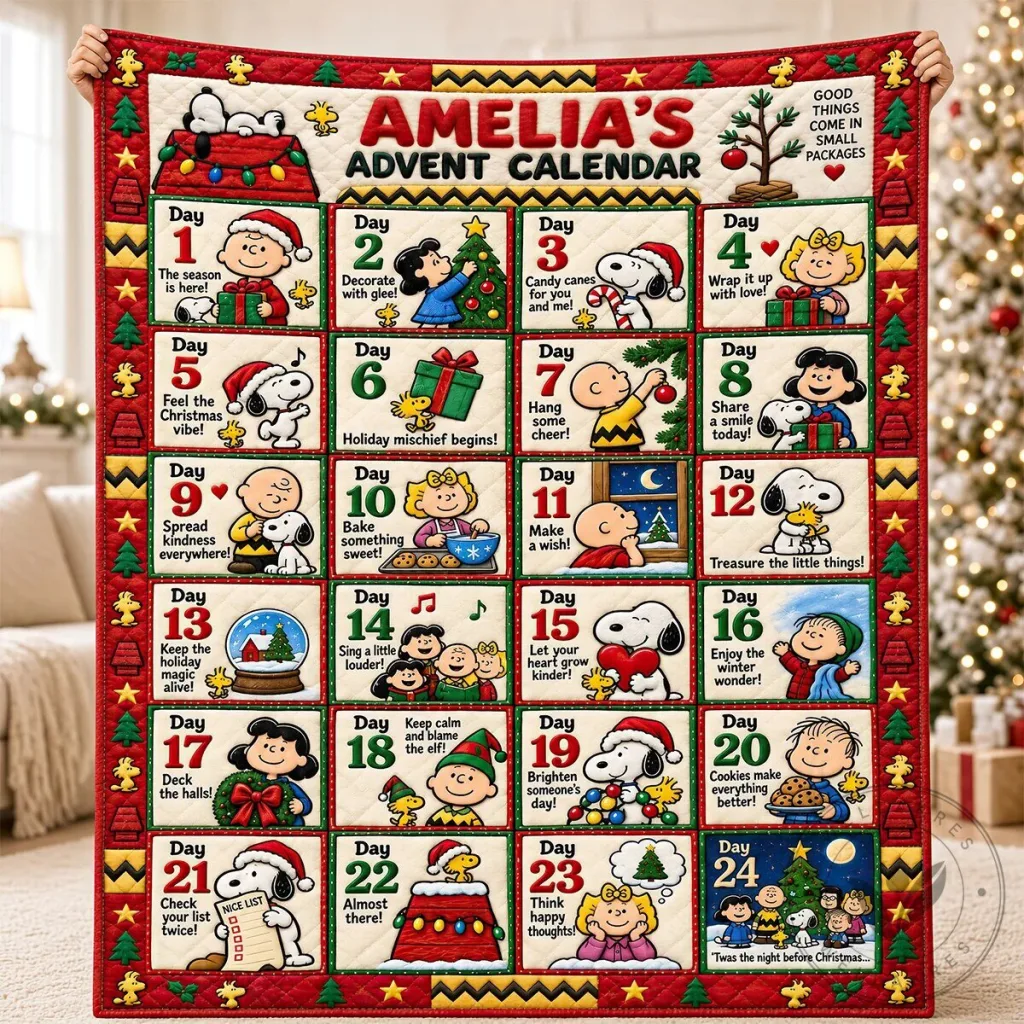 Personalized Snoopy Christmas Advent Calendar Quilted Blanket Personalized Snoopy Christmas Advent Calendar Quilted Blanket 2D