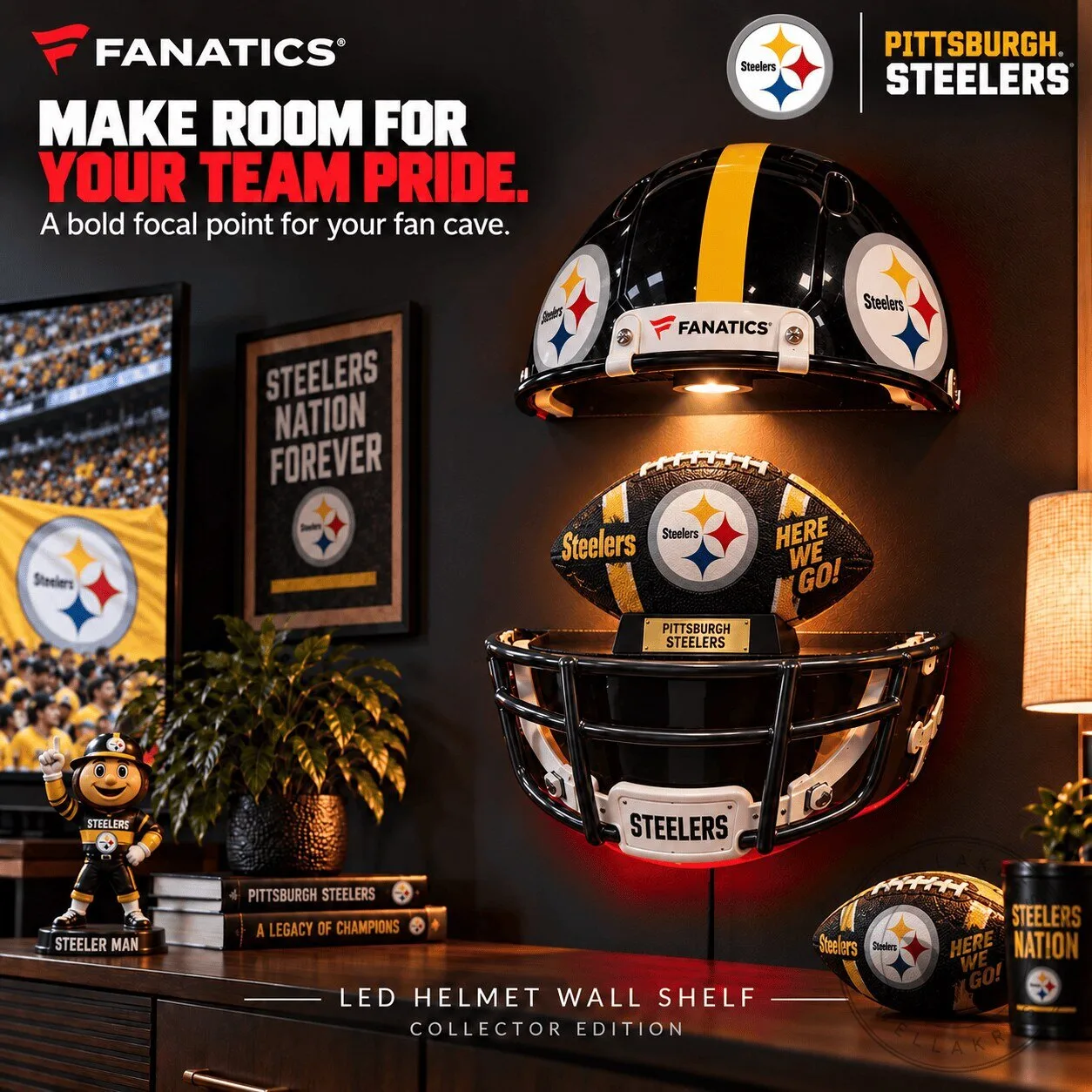 Pittsburgh Steelers Football Helmet LED Wall Shelf Display Case