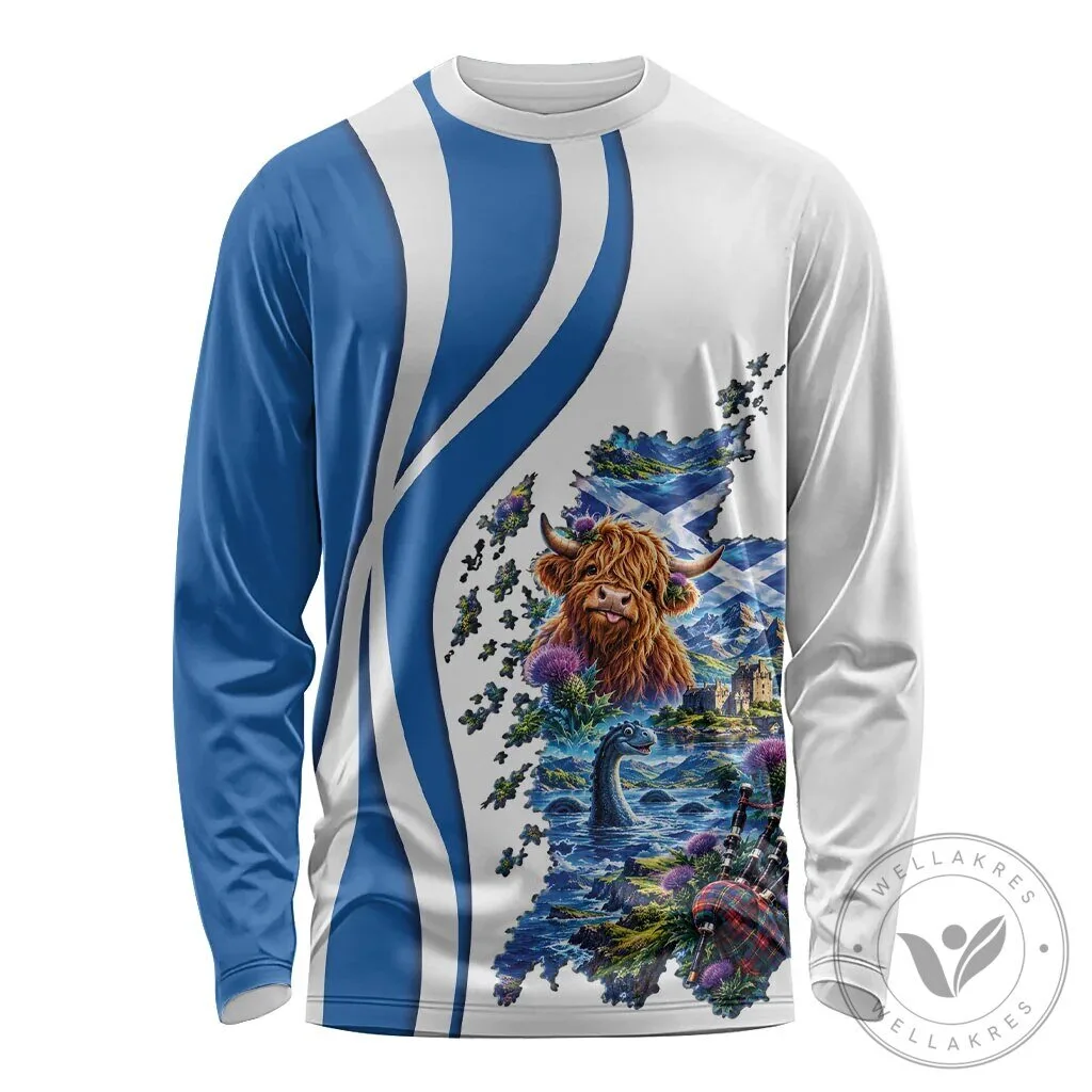 Scotland National Flag and Map Highland Cow Nessie Long Sleeve Shirt 1 Scotland National Flag and Map Highland Cow Nessie Long Sleeve Shirt