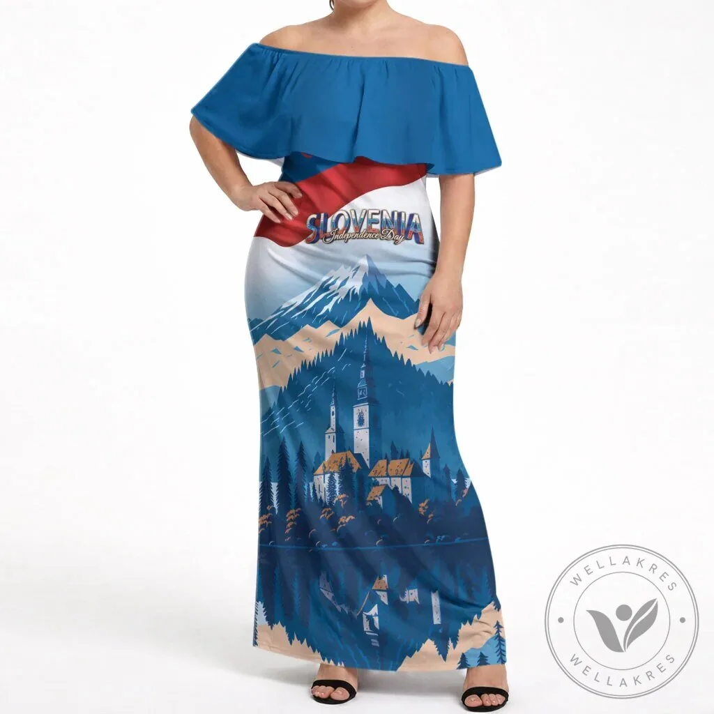Slovenia Independence Day Lake Bled Julian Alps Landscape Off Shoulder Maxi Dress