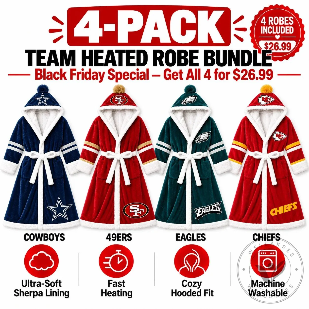 Gameday NFL Team Heated Robe Bundle with Hooded Fit and Sherpa Lining